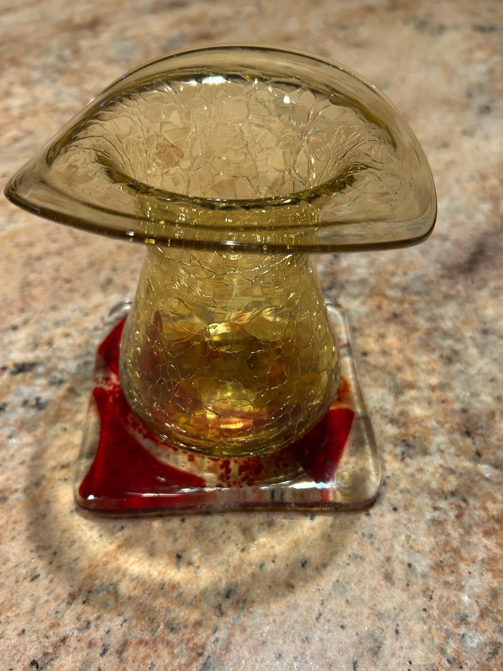Blenko Glass Co. Handblown Golden Topaz Crackle Glass 5” Floppy Pulpit Rim Vase